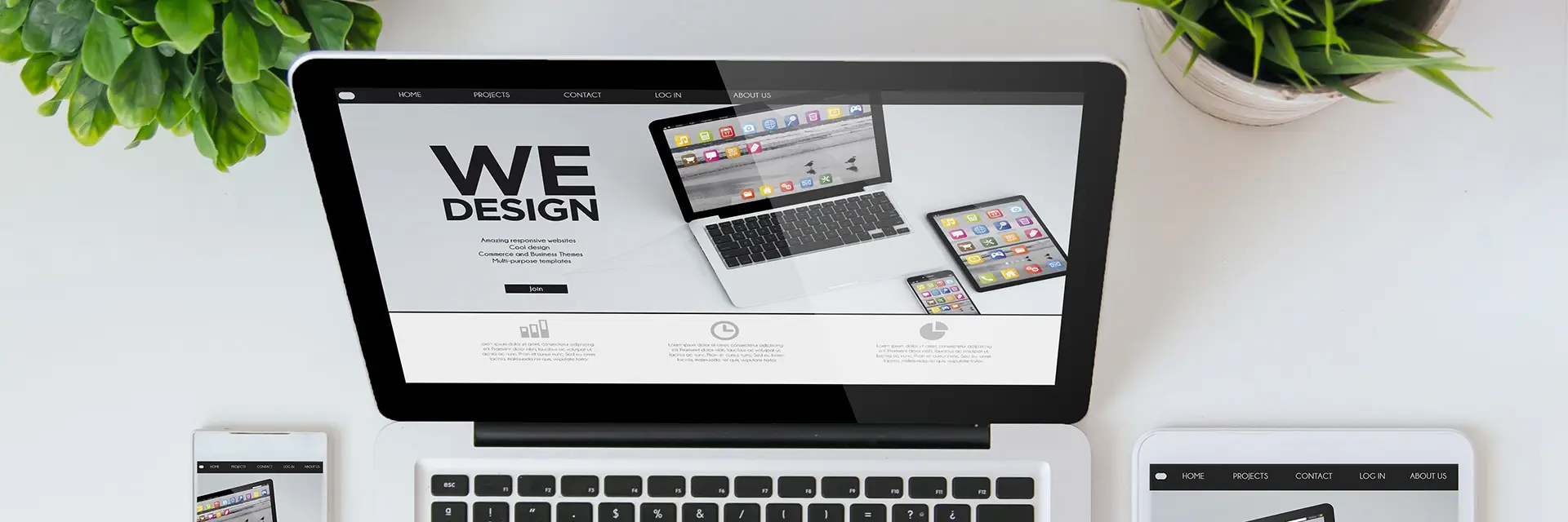 Een computerscherm met de tekst We Design dat weergeeft dat Get Set staat voor specialisten in Webdesign, Rank Math Pro, SEO optimalisatie en Copywriting.